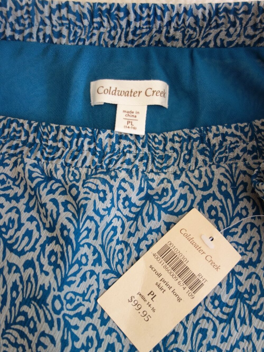 NWT $99.95 COLDWATER CREEK Blue Scroll Print Long Skirt – Petite 14-16 (PL)